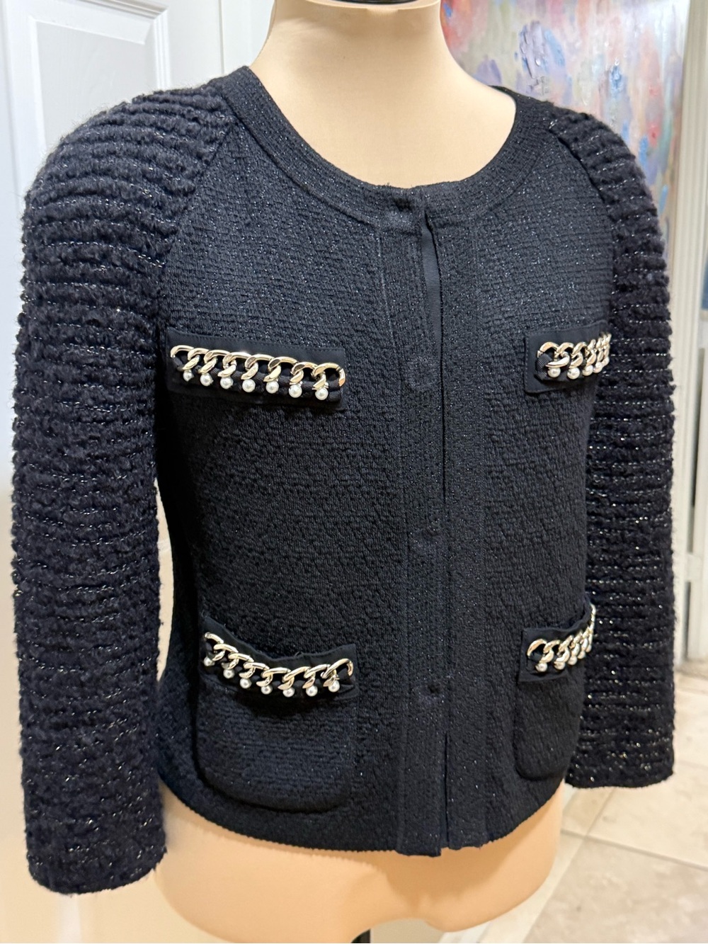 ST JOHN COUTURE Black Knit Jacket with Gold Chain Detail - Picture 6 of 8